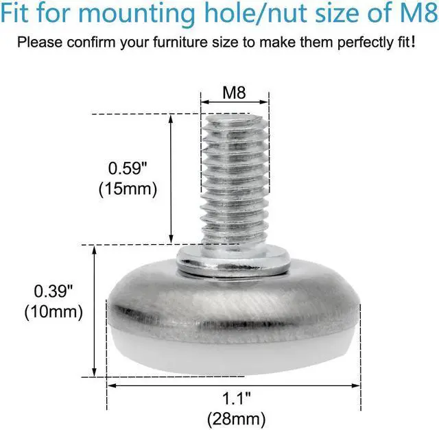 Alt view image 2 of 7 - M8 x 15 x 28mm Leveling Feet Adjustable Leveler for Desk Leg, White Cap 4pcs