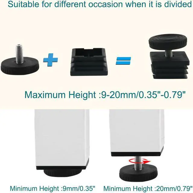 Alt view image 3 of 7 - Table Leveling Feet 38 x 38mm Square Tube Insert Adjustable Leveler 8 Sets
