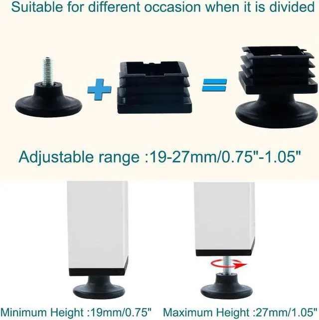 Alt view image 3 of 7 - Adjustable Leveling Feet 38 x 38mm Square Tube Inserts Furniture Glide 4 Sets