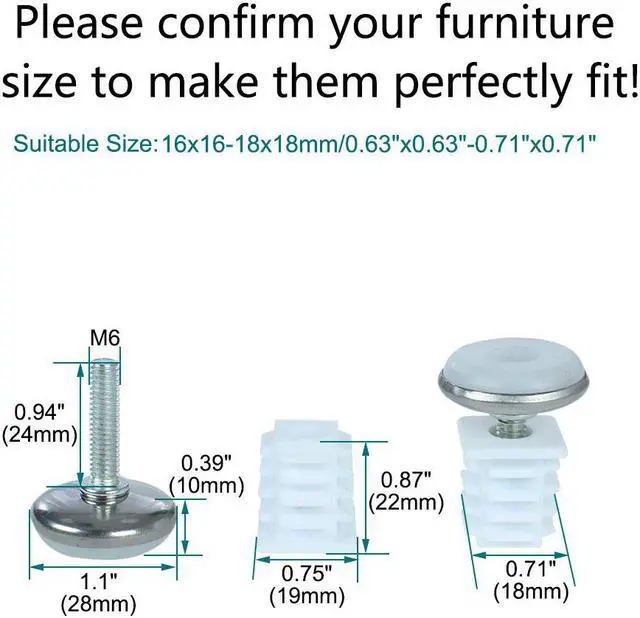 Alt view image 2 of 7 - Adjustable Leveling Feet 19 x 19mm Square Tube Inserts Furniture Glide 2 Sets