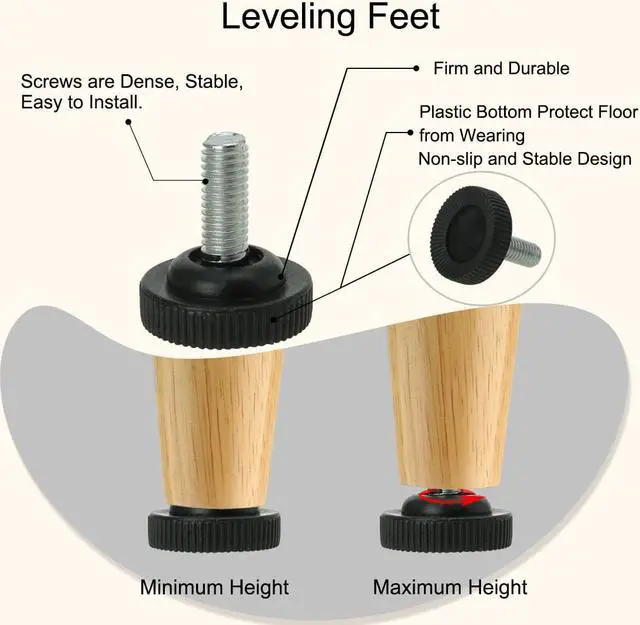 Alt view image 4 of 7 - M8 x 20 x 28mm Furniture Leveling Feet Adjustable Leveler with T-nuts Black 4pcs