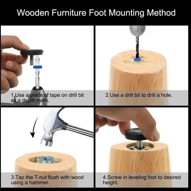 Alt view image 7 of 7 - M8 x 18 x 40mm Leveling Feet Floor Protector with T-nuts for Table Sofa Leg 8pcs