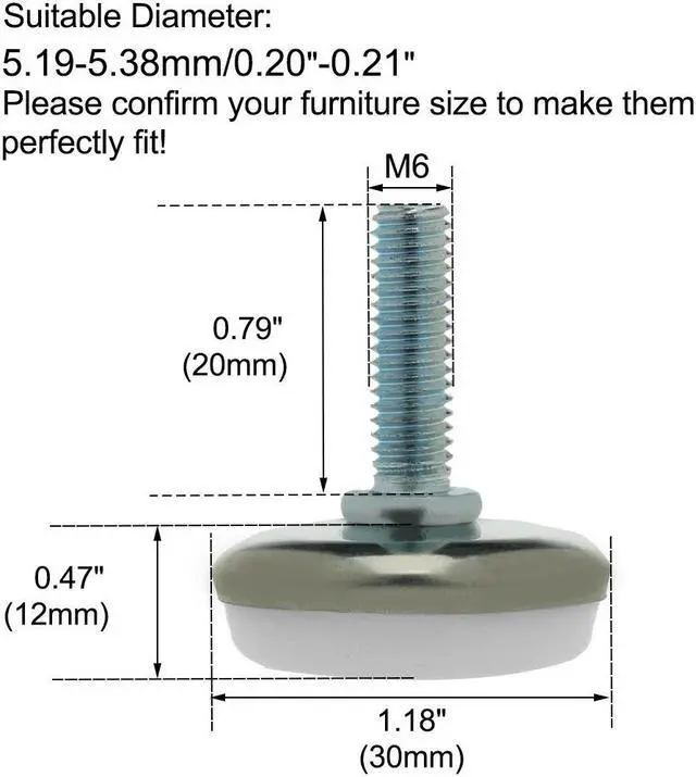 Alt view image 2 of 7 - M6 x 20 x 30 Leveling Feet Protector Floor Round Base Leveler for Desk Leg 12pcs