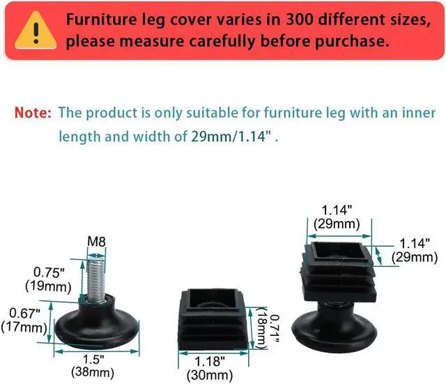 Alt view image 2 of 7 - Adjustable Leveling Feet 30 x 30mm Tube Inserts Furniture Desk Glide 8 Sets