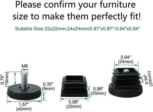 Alt view image 2 of 7 - Adjustable Leveling Feet 25 x 25mm Square Tube Inserts Furniture Glide 10 Sets