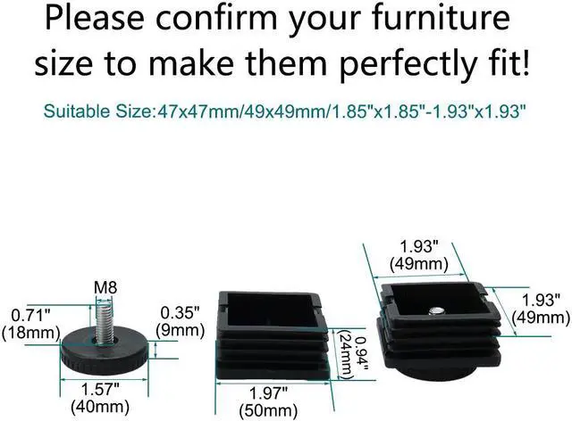 Alt view image 2 of 7 - M8 Leveling Feet 50 x 50mm Square Tube Insert Adjustable Furniture Glide 2 Sets