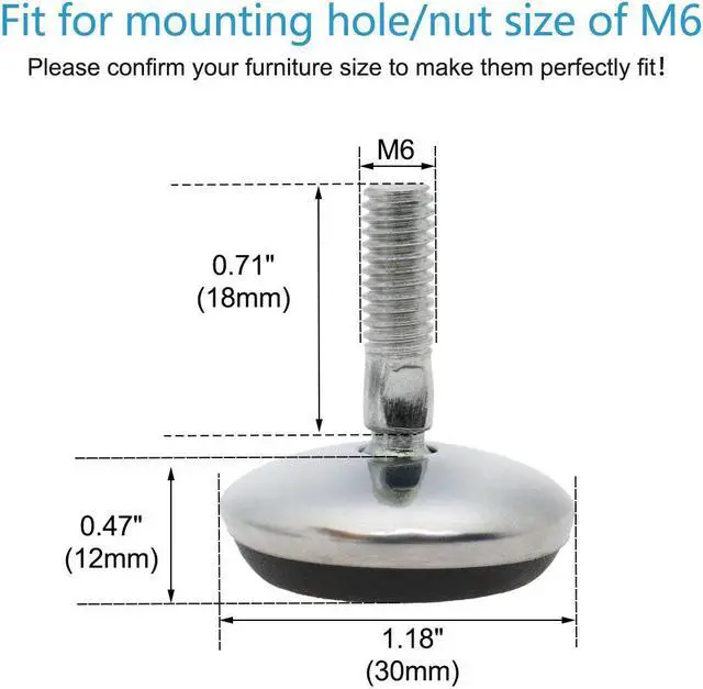 Alt view image 2 of 7 - M6 x 18 x 30mm Leveling Feet Adjustable Leveler Support for Table Sofa Leg 4pcs