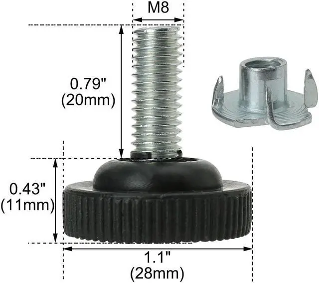 Alt view image 2 of 7 - M8 x 20 x 28mm Furniture Leveling Feet Adjustable Leveler with T-nuts Black 4pcs