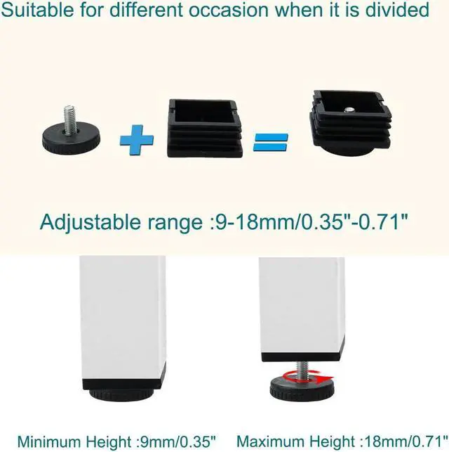 Alt view image 3 of 7 - M8 Leveling Feet 50 x 50mm Square Tube Insert Adjustable Furniture Glide 4 Sets