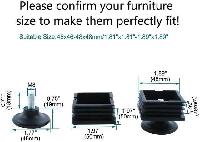 Alt view image 2 of 7 - Adjustable Leveling Feet 50 x 50mm Square Tube Inserts Furniture Glide 4 Sets