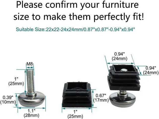 Alt view image 2 of 7 - Adjustable Leveling Feet 25 x 25mm Tube Inserts Furniture Table Glide 2 Sets