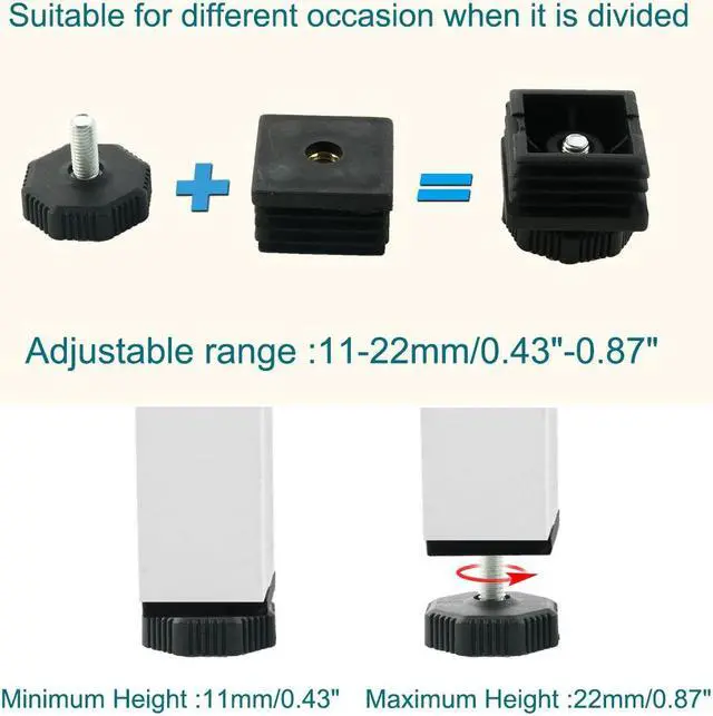 Alt view image 3 of 7 - Leveling Feet 40 x 40mm Square Tube Inserts Sofa Leg Adjustable Leveler 10 Sets
