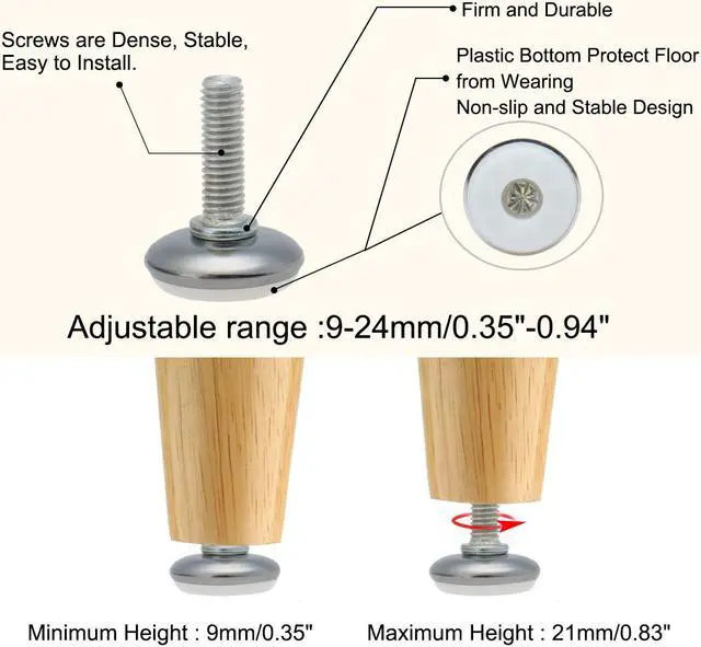 Alt view image 4 of 7 - M8 x 25 x 28mm Leveling Feet Adjustable Leveler Desk Leg, White Cap, 8pcs