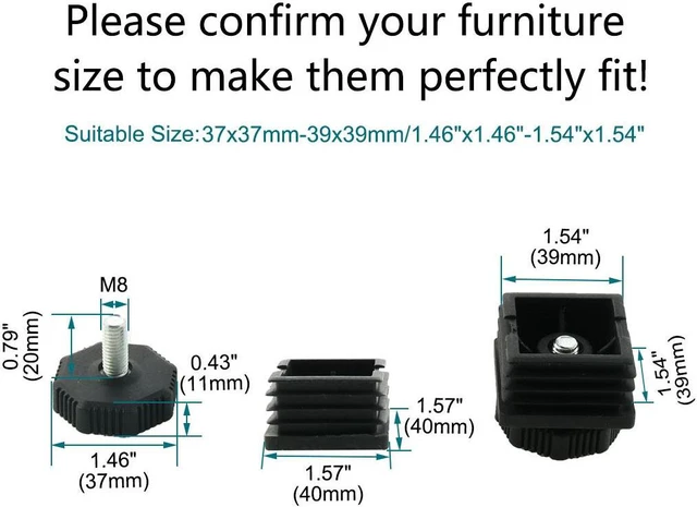 Alt view image 2 of 7 - Leveling Feet 40 x 40mm Square Tube Inserts Sofa Leg Adjustable Leveler 10 Sets