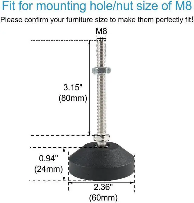 Alt view image 2 of 7 - M8 x 80 x 60mm Leveling Feet Adjustable Leveler Protector for Machine Leg 2pcs