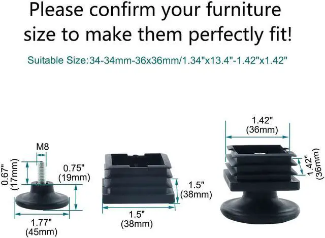 Alt view image 2 of 7 - Adjustable Leveling Feet 38 x 38mm Square Tube Inserts Furniture Glide 4 Sets