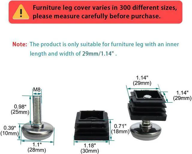 Alt view image 2 of 7 - M8 Leveling Feet 30 x 30mm Square Tube Insert Adjustable Furniture Glide 4 Sets