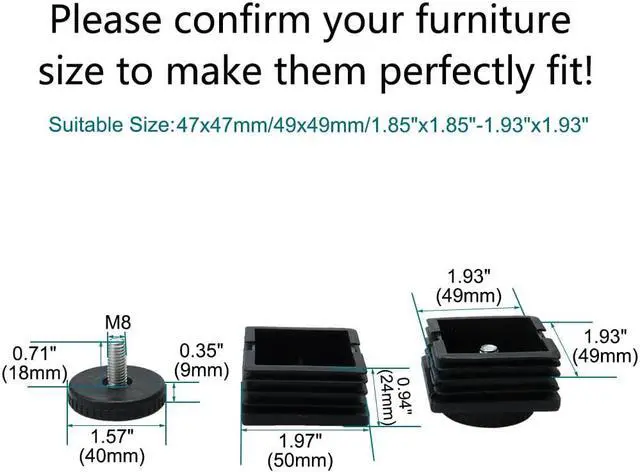Alt view image 2 of 7 - M8 Leveling Feet 50 x 50mm Square Tube Insert Adjustable Furniture Glide 8 Sets