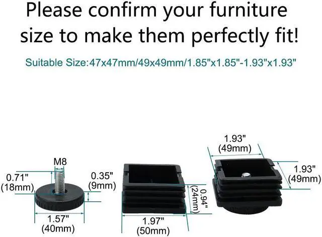 Alt view image 2 of 7 - M8 Leveling Feet 50 x 50mm Square Tube Insert Adjustable Furniture Glide 4 Sets