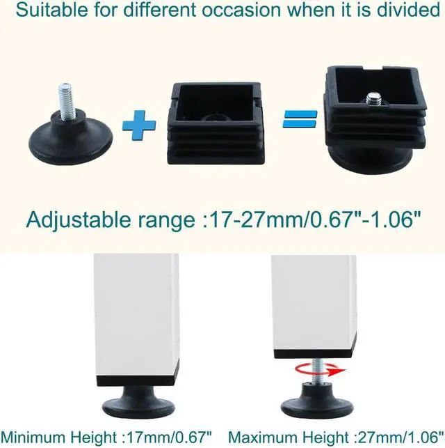 Alt view image 3 of 7 - Leveling Feet 38 x 38mm Square Tube Inserts Furniture Legs For Sofa Table 4 Sets