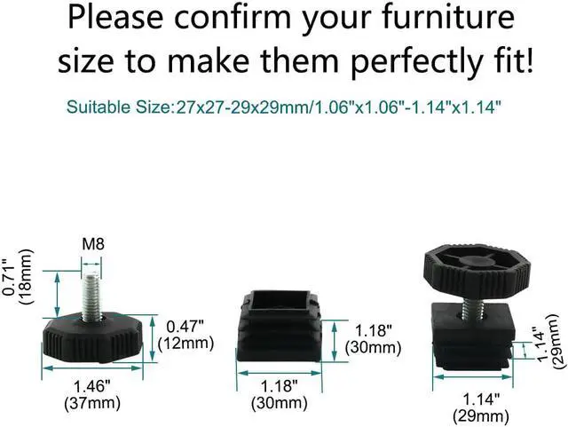 Alt view image 2 of 2 - Leveling Feet 30 x 30mm Square Tube Insert Adjustable Furniture Leg 10 Sets