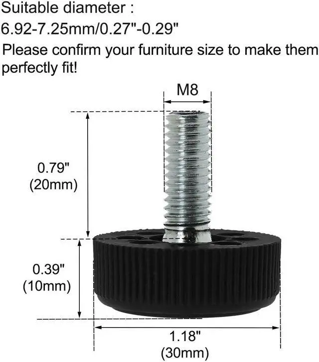 Alt view image 2 of 7 - M8 x 20 x 30mm Furniture Glide Leveling Feet Base Protector for Desk Leg 2pcs