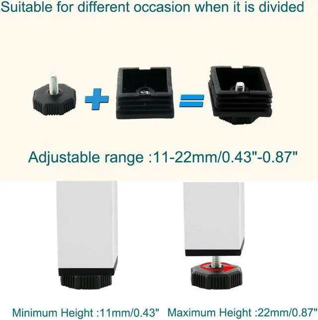Alt view image 3 of 7 - Adjustable Leveling Feet 50 x 50mm Square Tube Insert Kit Furniture Glide 4 Sets