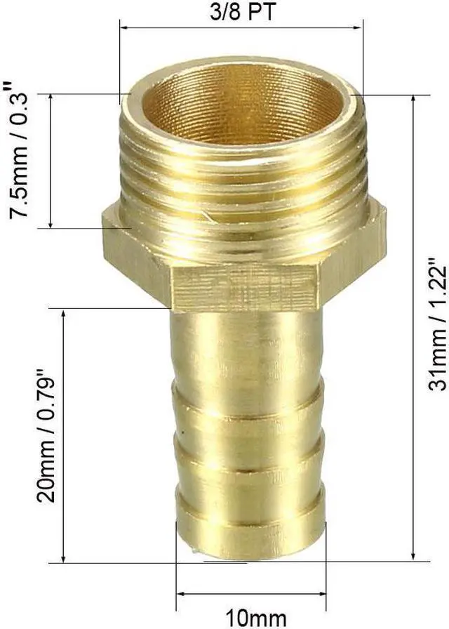 Alt view image 2 of 4 - Brass Barb Hose Fitting Connector Adapter 10mm Barbed x 3/8 PT Male Pipe