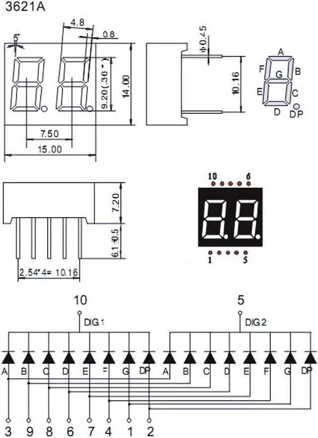 Alt view image 6 of 6 - Common Cathode 10 Pin 2 Bit 0.59 x 0.55 x 0.28 Inch 0.35" Red LED Display 5pcs