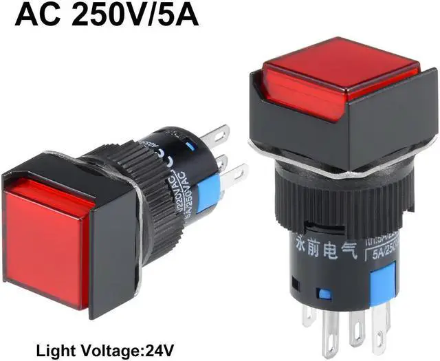 Alt view image 2 of 3 - 5Pcs 16mm Momentary Push Button Switch Red LED Light Square Button 1 NO 1 NC