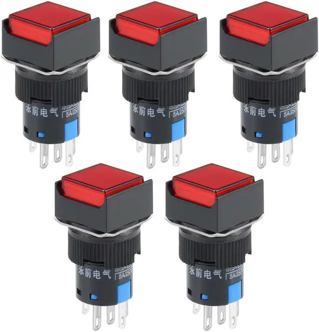Main image of 5Pcs 16mm Momentary Push Button Switch Red LED Light Square Button 1 NO 1 NC