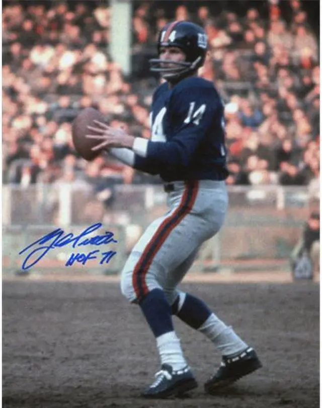 Alt view image 2 of 2 - Y.A. Tittle signed New York Giants Blue Jersey Passing Vertical 16x20 Photo HOF 71