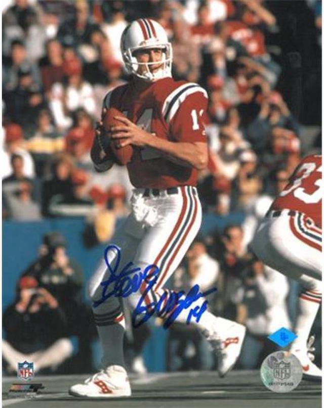 Alt view image 2 of 2 - Steve Grogan signed New England Patriots 16X20 Photo (red jersey dropback)
