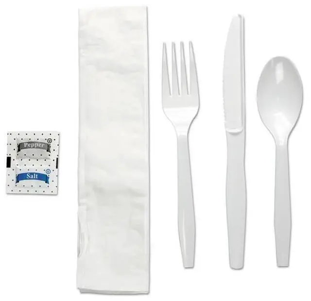 Main image of Boardwalk FKTNSMWPSWH Six-Piece Cutlery Kit, Condiment / Fork / Knife / Napkin / Teaspoon, White, 250 / Carton