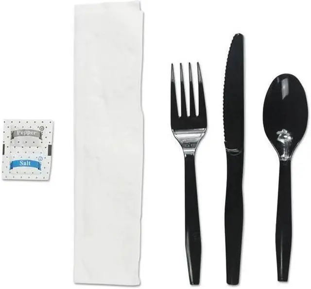 Main image of Boardwalk FKTNSMWPSBLA Six-Piece Cutlery Kit, Condiment / Fork / Knife / Napkin / Teaspoon, Black, 250 / Carton