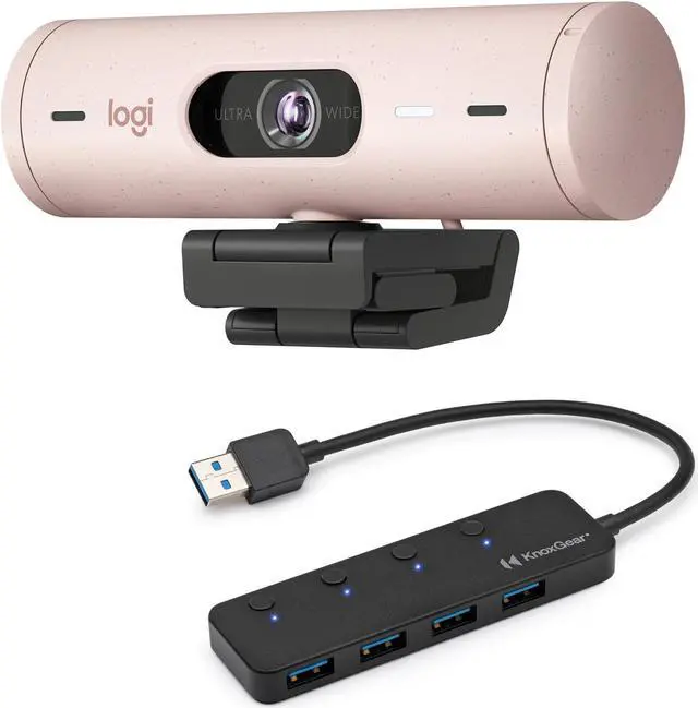Main image of Logitech Brio 500 1080p Full HD Webcam Webcam (Rose) Bundle with 4-Port USB Hub