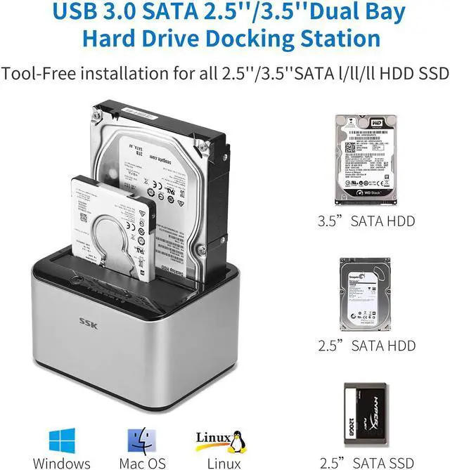 Alt view image 2 of 6 - SSK Aluminum Hard Drive Docking Station, USB 3.0 to SATA Dual Bay External HDD Dock Caddy Reader for 2.5 & 3.5 inch SATA HDD SSD, with UASP Offline Cloner/Duplicator Function(2x16TB Supports)