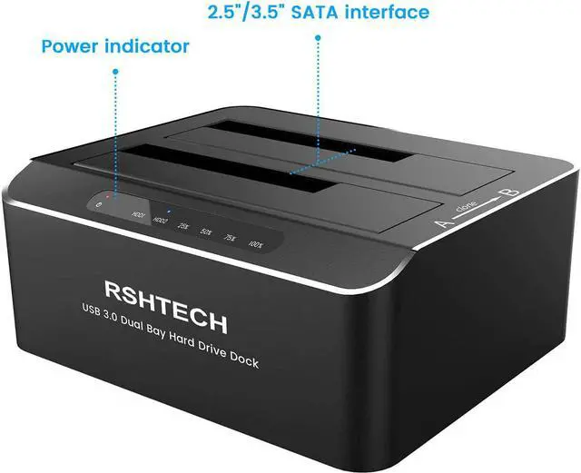 Alt view image 7 of 7 - Hard Drive Dock, RSHTECH Aluminum USB 3.0 to SATA Dual Bay External Hard Drive Docking Station for 2.5 & 3.5 inch SATA HDD SSD with Offline Clone/Duplicator Function, Support UASP & 2x16TB (RSH-DS01)