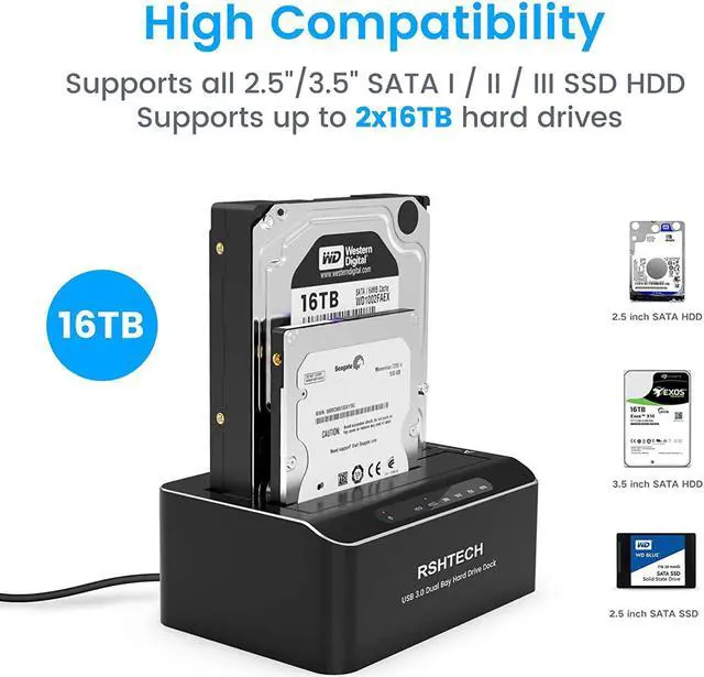 Alt view image 2 of 7 - Hard Drive Dock, RSHTECH Aluminum USB 3.0 to SATA Dual Bay External Hard Drive Docking Station for 2.5 & 3.5 inch SATA HDD SSD with Offline Clone/Duplicator Function, Support UASP & 2x16TB (RSH-DS01)