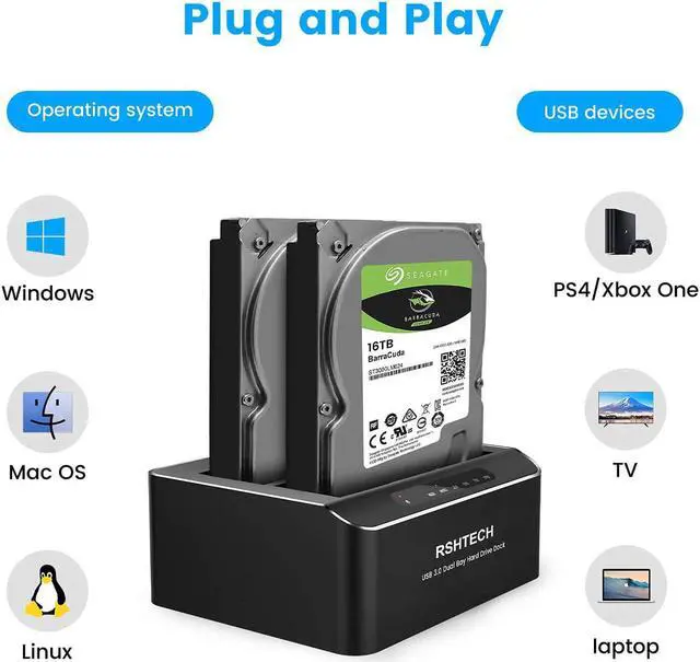 Alt view image 4 of 7 - Hard Drive Dock, RSHTECH Aluminum USB 3.0 to SATA Dual Bay External Hard Drive Docking Station for 2.5 & 3.5 inch SATA HDD SSD with Offline Clone/Duplicator Function, Support UASP & 2x16TB (RSH-DS01)
