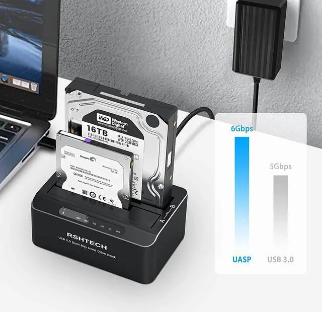 Alt view image 3 of 7 - Hard Drive Dock, RSHTECH Aluminum USB 3.0 to SATA Dual Bay External Hard Drive Docking Station for 2.5 & 3.5 inch SATA HDD SSD with Offline Clone/Duplicator Function, Support UASP & 2x16TB (RSH-DS01)