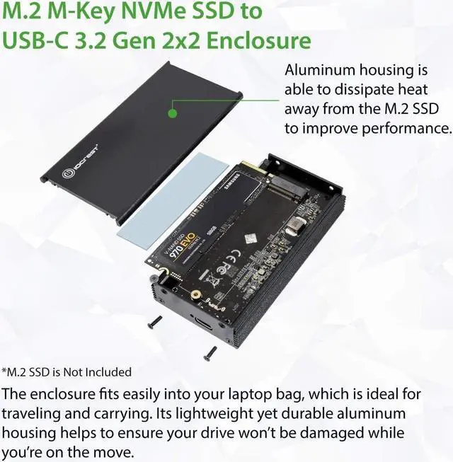 Alt view image 2 of 7 - IO CREST USB-C 3.2 Gen 2x2 M.2 M-Key PCIe NVMe Gen3x4 SSD External Enclosure Supports 2280 SY-ENC40231 ASM2364