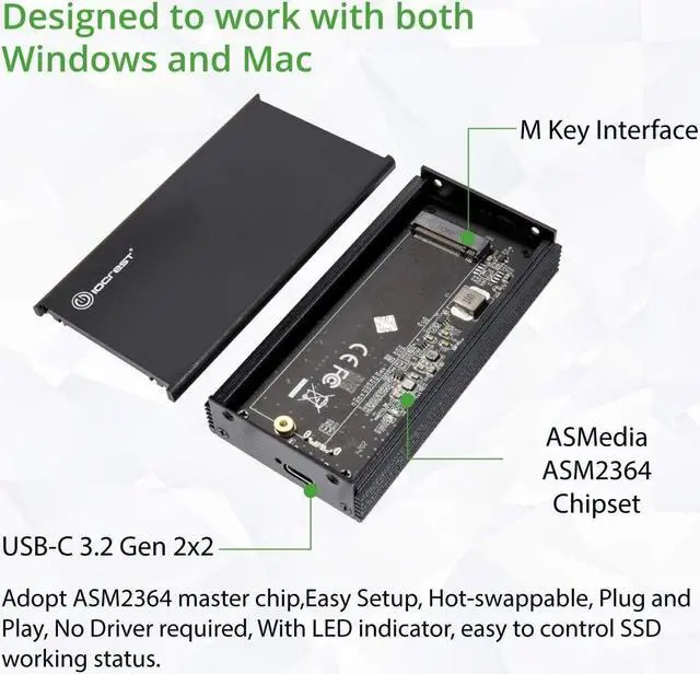 Alt view image 3 of 7 - IO CREST USB-C 3.2 Gen 2x2 M.2 M-Key PCIe NVMe Gen3x4 SSD External Enclosure Supports 2280 SY-ENC40231 ASM2364