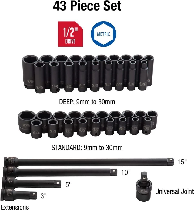 Alt view image 2 of 5 - Sunex 2569, 1/2" Drive Master Impact Socket Set, 43Piece, Metric, 9mm - 30mm, Standard/Deep, Cr-Mo Alloy Steel, Radius Corner Design, Heavy Duty Storage Case, Universal Joint & Impact Extensions