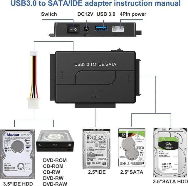 Alt view image 2 of 7 - USB 3.0 to SATA IDE Hard Drive Reader External Hard Drive Ultra Recovery Converter Universal Hard Drive Adapter Kit for 2.5/3.5 HDD/SSD Hard Drive Disk Include 12V/2A Power Adapter