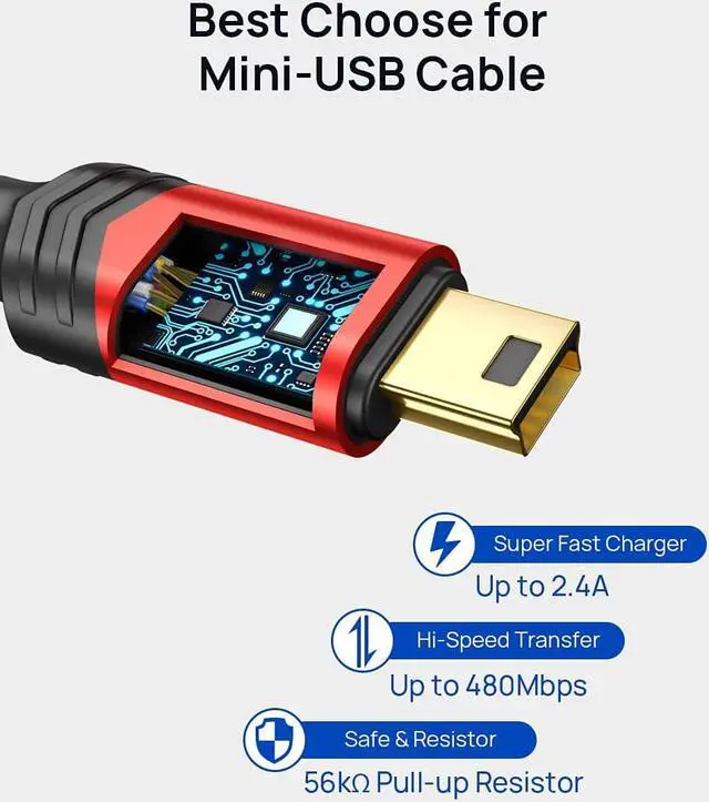 Alt view image 5 of 7 - Mini USB Cable[2-Pack 3.3ft+6.6ft] USB 2.0 Type A to Mini B Fast Charging Braided Cord Compatible with Blue Yeti Microphone Garmin Nuvi GPS 50 55 Ti-84 Plus CE Canon Rebel t7 Camera Gopro Red
