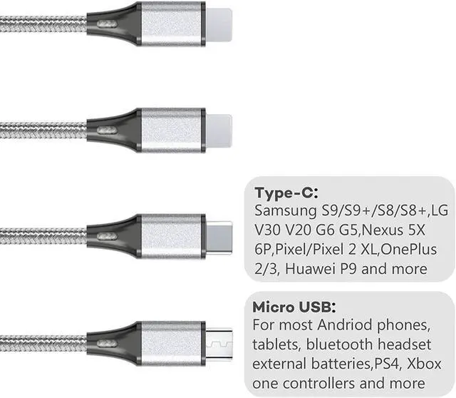 Alt view image 2 of 7 - Multi Charging Cable USB Cable 3A 4FT Nylon Braided Universal 4in1 Charger Adapter Type-C/Micro Port Compatible with Cell Phones and More (Silver 2Pack)