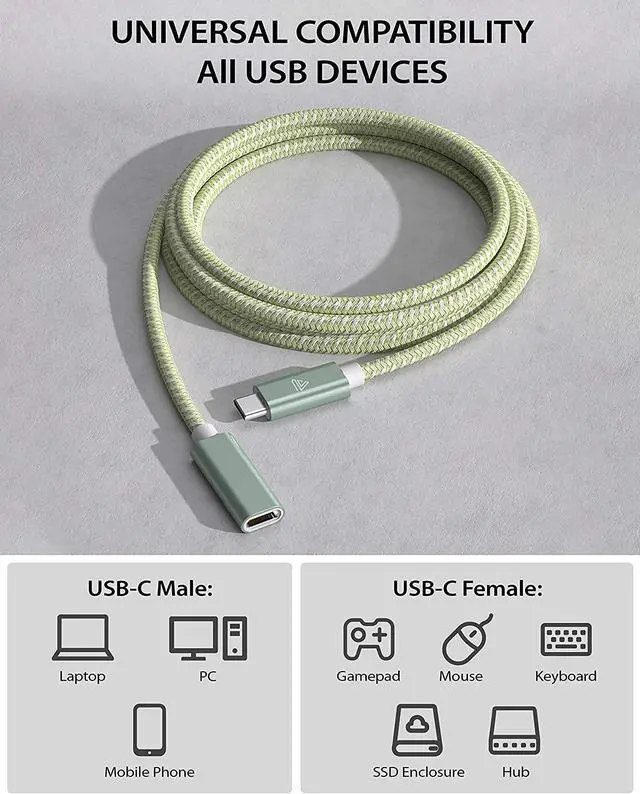 Alt view image 5 of 7 - Faracent USB Type C Extension Cable, (6Ft/1.8m) USB 3.1 (5gbps) Male to Female Extender Braided Data Cord for MacBook Pro, iPad Pro 2020, Surface, Samsung Galaxy S20/S10/S9 Green