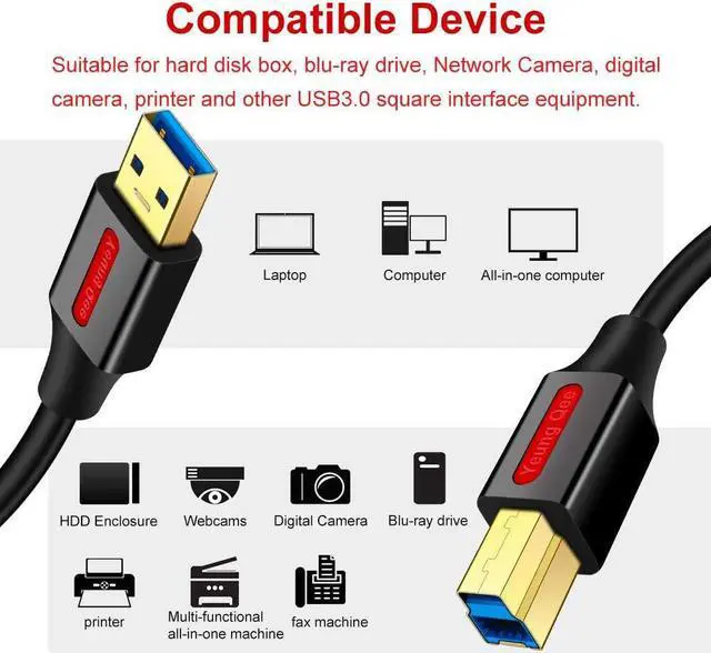 Alt view image 2 of 4 - Yeung Qee USB 3.0 Cable A Male to B Male 15 ft,Superspeed USB 3.0 Type A to B Male Cable Compatible with Printers,Docking Station,External Hard Drivers,Scanner,USB Hub and More Devices (15FT/5M)