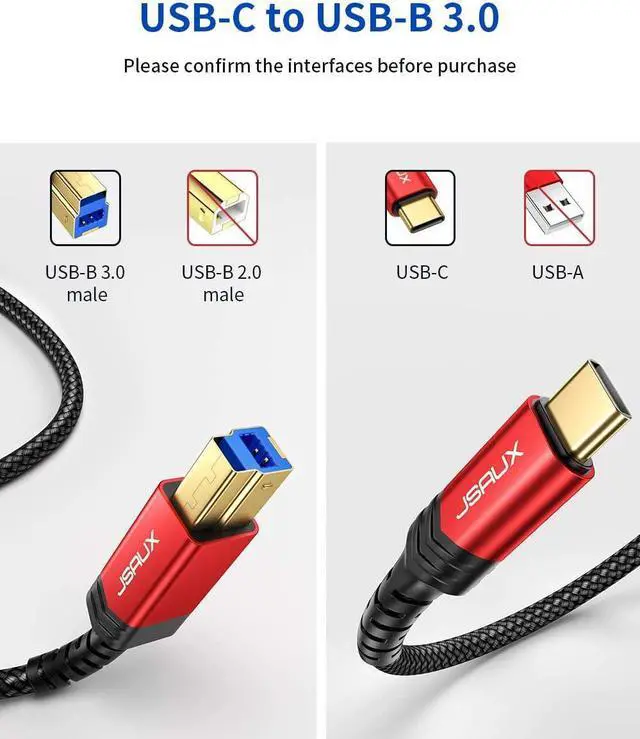 Alt view image 2 of 7 - JSAUX USB 3.0 Cable B Male to USB-C, 10ft USB 3 Type B Cord Nylon Briaded Compatible with Docking Station, External Hard Drivers, Scanner and More